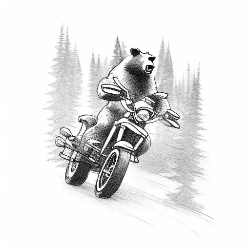 A Bear Riding A Motorcycle Through A Forest