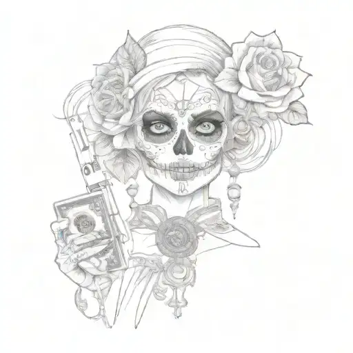 A Seductive Woman With A Sugar Skull Face Tattoo Holding Money And A Pistol
