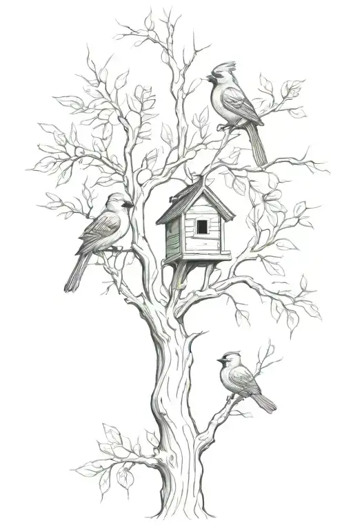 Full Willow Tree With Two Cardinals And A Bird House
