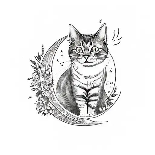 Tattoo Of A Cat Sitting On A Crescent Moon Surrounded By Wildflowers And Herbs