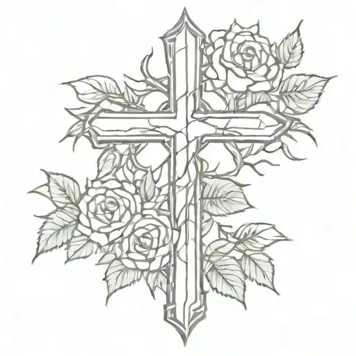 A Sketch-style Design Of A Cross Made Of Thorns With Roses Blooming Around It