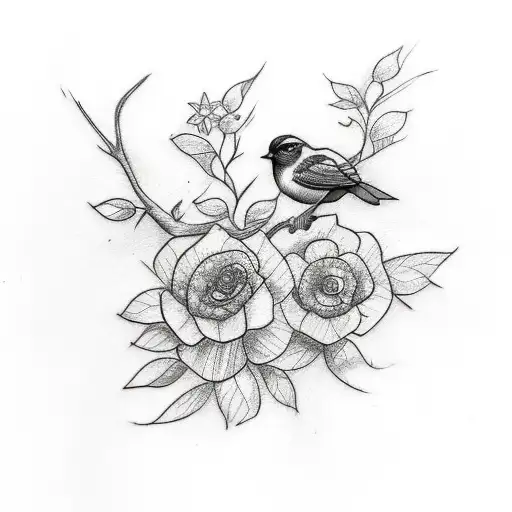 A Sketch Style Tattoo Of A Bird Perched On A Branch With Flowers