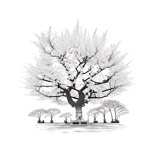 A Serene Buddha Meditating Under A Blooming Sakura Tree