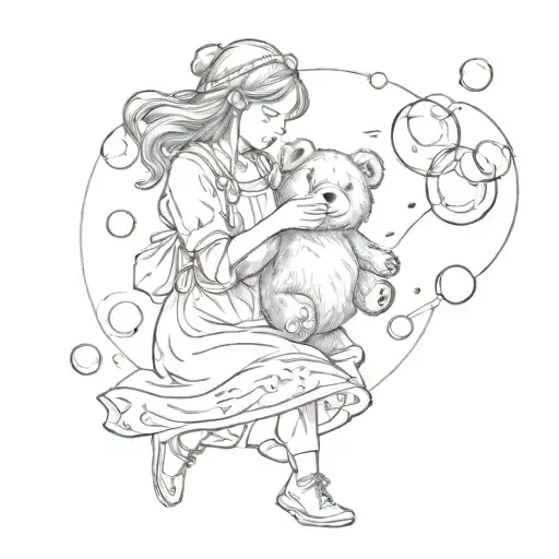 Girl Holding Bear Behind Her Blowing Bubbles Into Air
