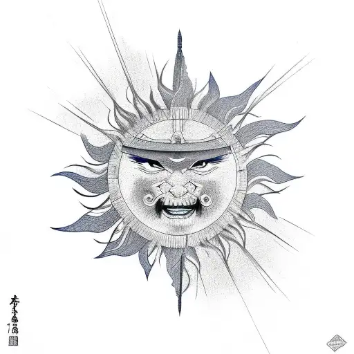 Samurai Crane Flying With A Sun In Blue Ink