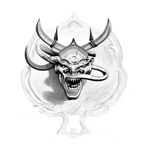 Greek Art With A Sword In A Devil Face And A Football Fixed