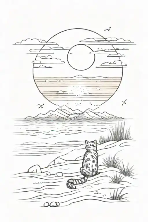 A Beach Scene With A Cat Playing In The Sand Under A Sunset Sky