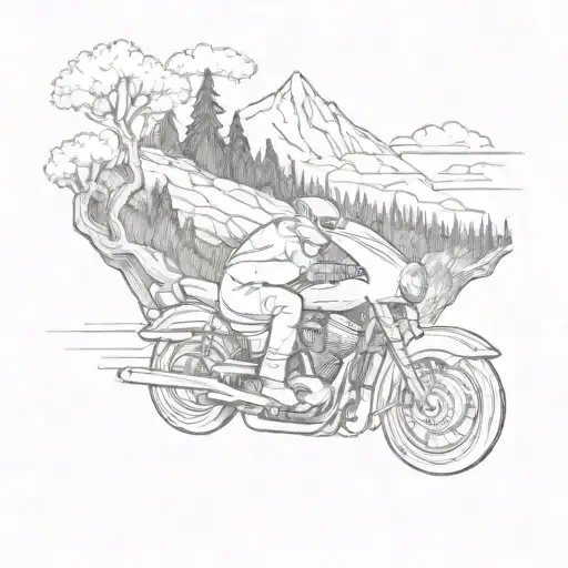 A Sketch Of A Fish Jumping Out Of A Motorcycle Helmet Surrounded By Trees And Mountains
