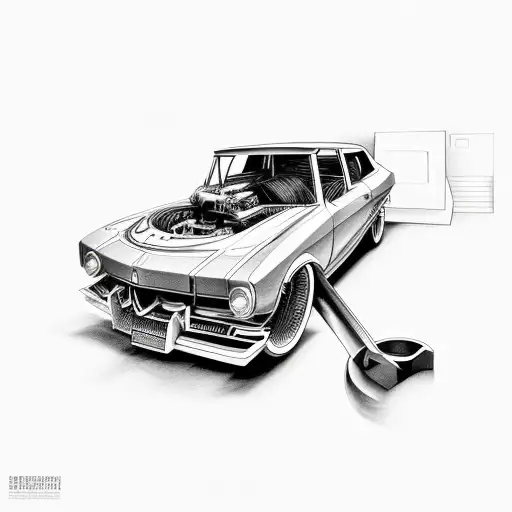 Internal Parts Of A Car Like An Engine And Some Workshop Tools