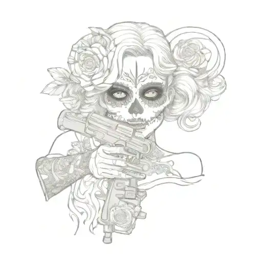 Day Of The Dead Woman Holding A Tommy Gun Intertwined