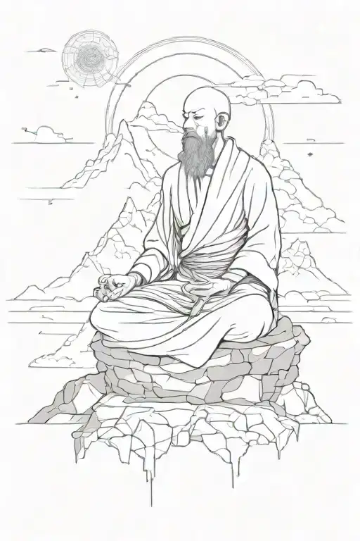Man Meditating Monk Aligned With Mountain View And Above Him Galaxy And Broken Fetures