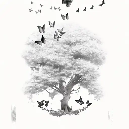 A Few Large Butterflies Flying Around A Tree With A Thick Trunk And Small Top