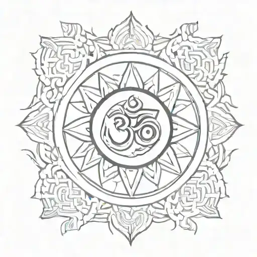 Black Sun With Indian Om Inside In Sketch Technique