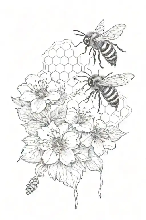 2 Bees 3 Flowers On The Right Side And Honeycomb Background Leading