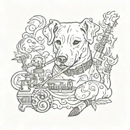 An Intricate Design Of A Dog Smoking A Joint Surrounded By Various Animals And Musical Instruments