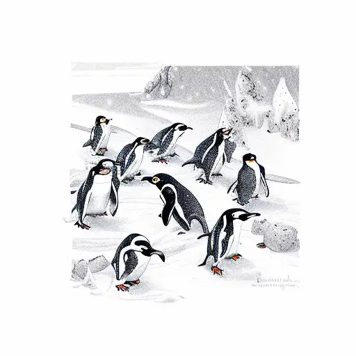 A Group Of Playful Penguins Frolicking In The Snow