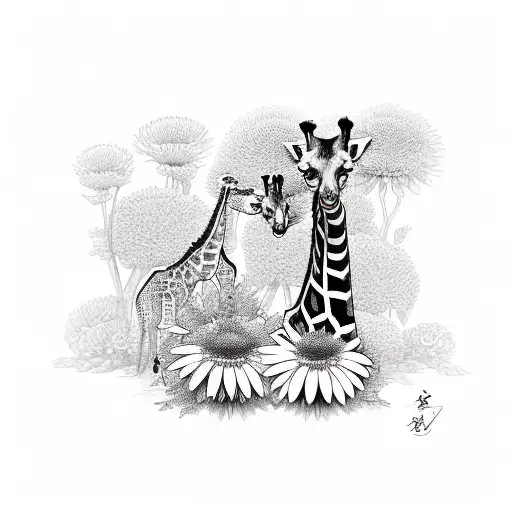 Mom And Baby Giraffe With A Chrysanthemum