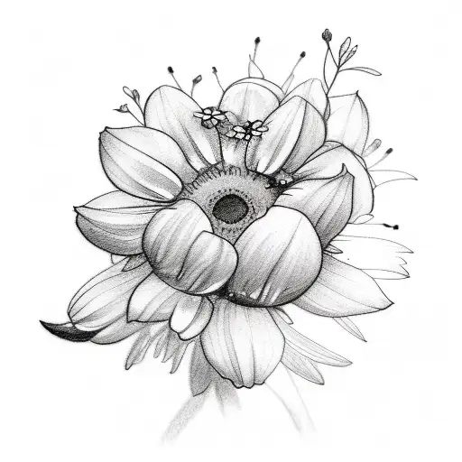 A Sketch Style Tattoo Of A Bouquet Of Wildflowers With A Hidden Silhouette Of A Dog Among The Blooms
