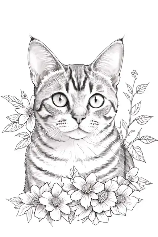Gray Tabby Cat And Flowers