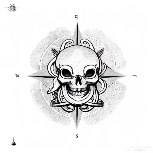 Right Arm Sleeve With Octopus Compass Skull Time Ocean Nature Pirat Realistic Black And White