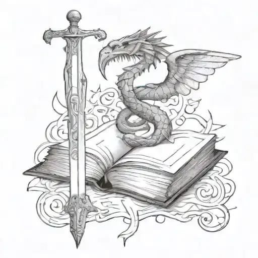 Sword And Book With Winged Serpent In Background