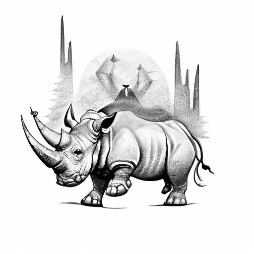 A Surreal Tattoo Design Of A Rhino Traveling Through Different Landscapes