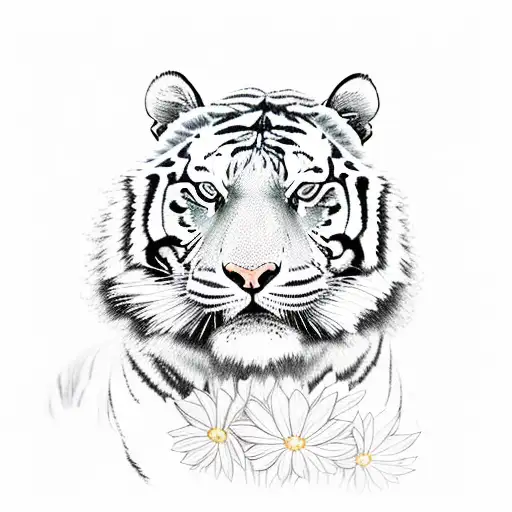 Tiger With Flowers Backgrounf Sketch