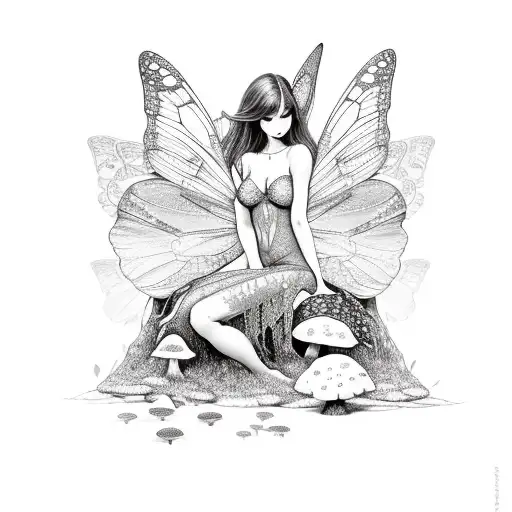 Sexy Adult Fairy Woman Sitting On A Mushroom Surrounded By Butterflies