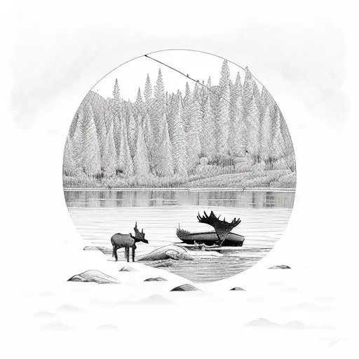 A Serene Lake Scene With A Fishing Boat And A Moose Drinking Water By The Shore