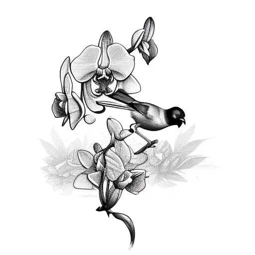 A Silhouette Of A Bird Perched On A Blooming Orchid