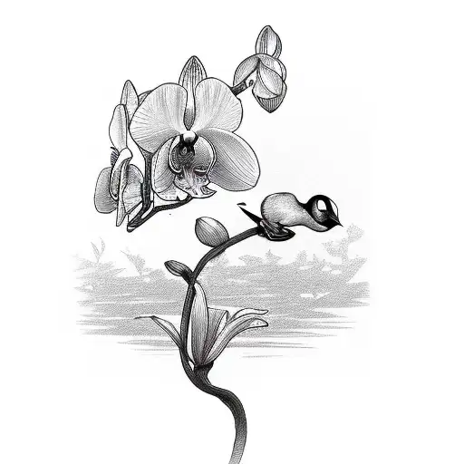 A Silhouette Of A Bird Perched On A Blooming Orchid