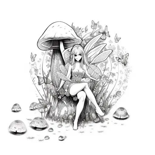 Adult Fairy Girl Sitting On A Mushroom Surrounded By Butterflies