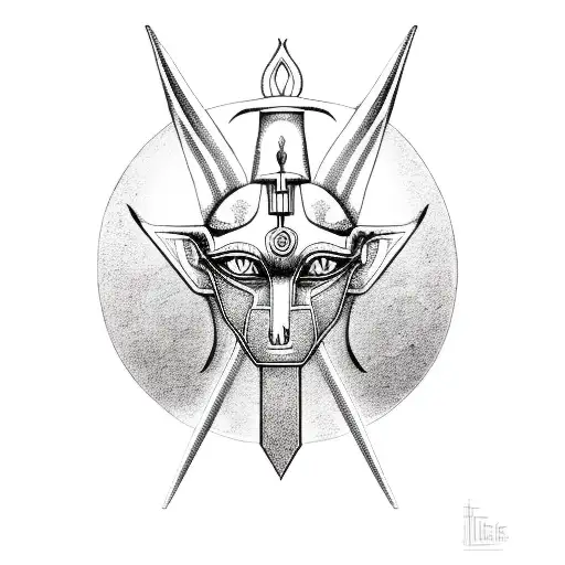 Anubis Full Body Holding An Ankh Symbol And An Eye Of Horus Portrait Looking To The Right Side