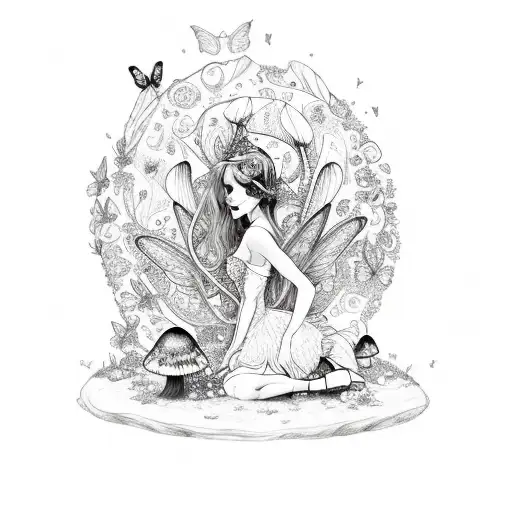 Adult Fairy Girl Sitting On A Mushroom Surrounded By Butterflies