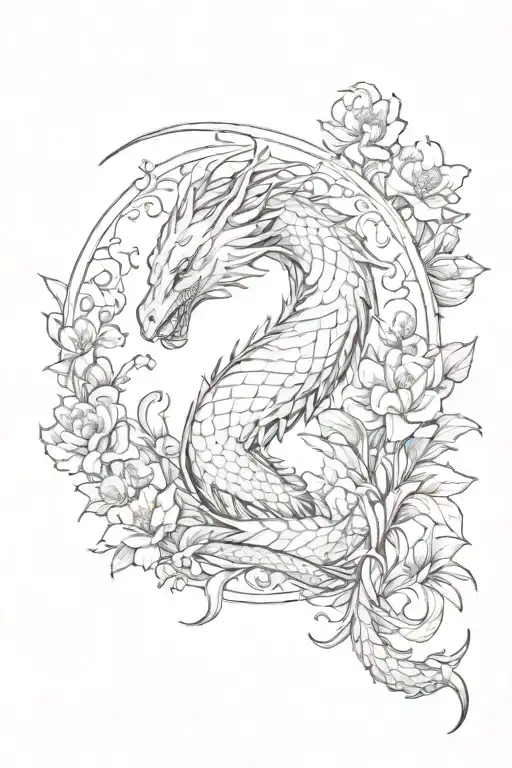 Dainty Dragon Crouched In Flowers With Crescent Moon