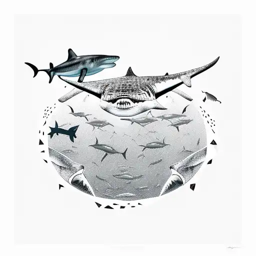 A Hammerhead Shark And Whale Shark Swimming Together In A Geometric Pattern