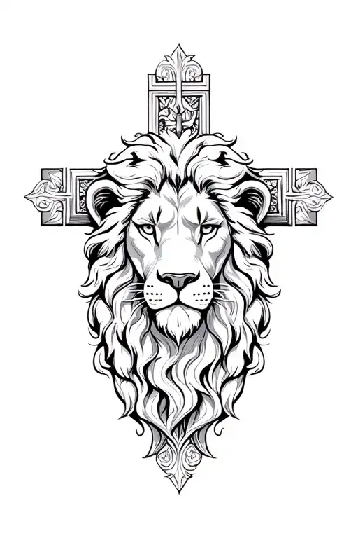 Lion Head At The Back Of A Christian Cross