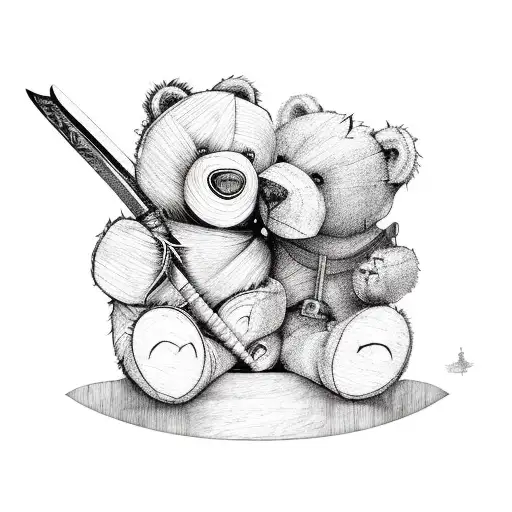 Old Weathered Teddy Bear With A Sword On His Back Surrounded By A Garden
