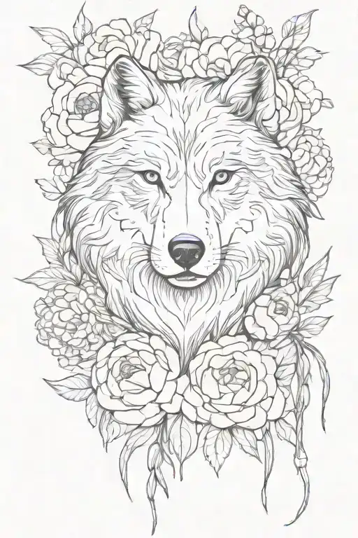 Wolf Face And Peonies With Flowers