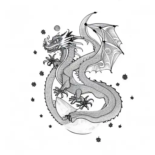 Dragon And Cute Flowers And A Moon With Cool Designs On The Dragon