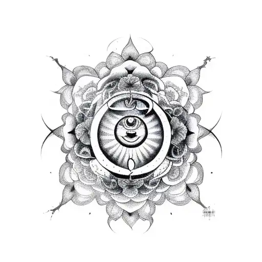 A Sketch Style Tattoo Of A Yin Yang Symbol Surrounded By Different Types Of Flowers