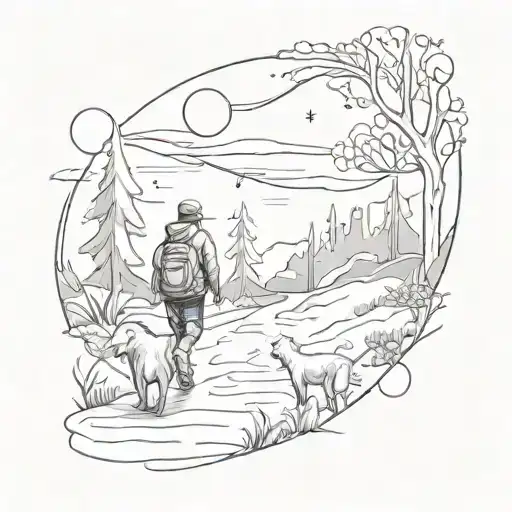 A Tattoo Design Of A Person Walking Alone At Night With A Dog By Their Side