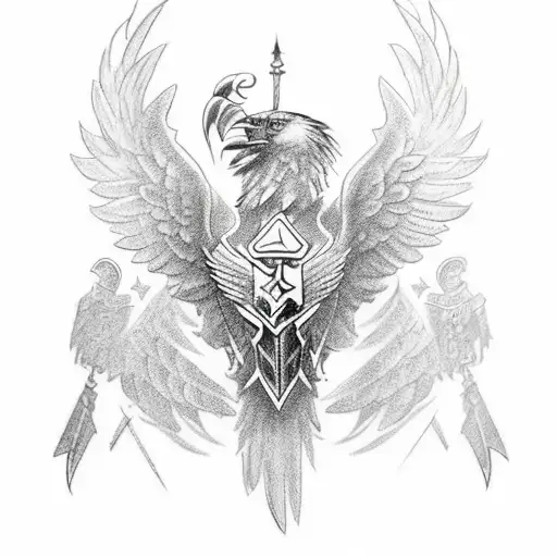 A Tattoo Design With Royal Eagle Wearing Armour Flying