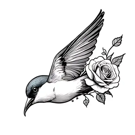 Swallow With Rose In Mouth Flying Away