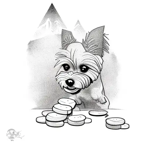 A Sketch Style Tattoo Of A Dog Playing With A Pile Of Drugs In Front Of The Gothenburg Skyline