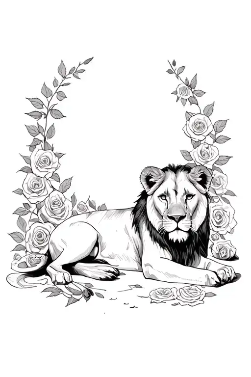 Lioness Laying On The Ground Sorrounded By Roses All Around