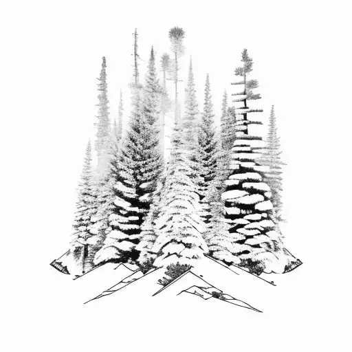 3 Pine Trees And 2 Birch Trees With A Mountain In The Background