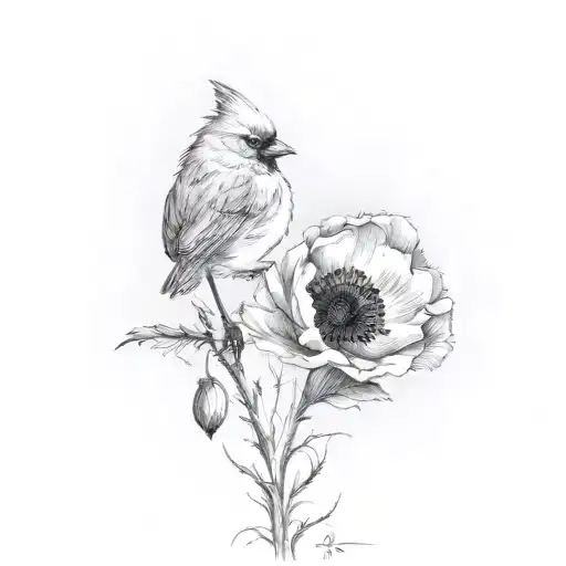 Small Cardinal With A Small Poppy