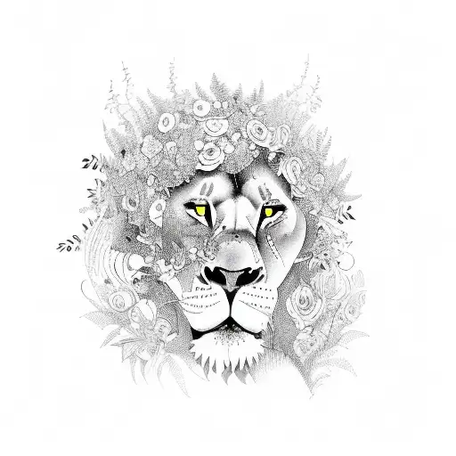 A Lion Walking Through A Lush Forest Filled With Vines And Flowers