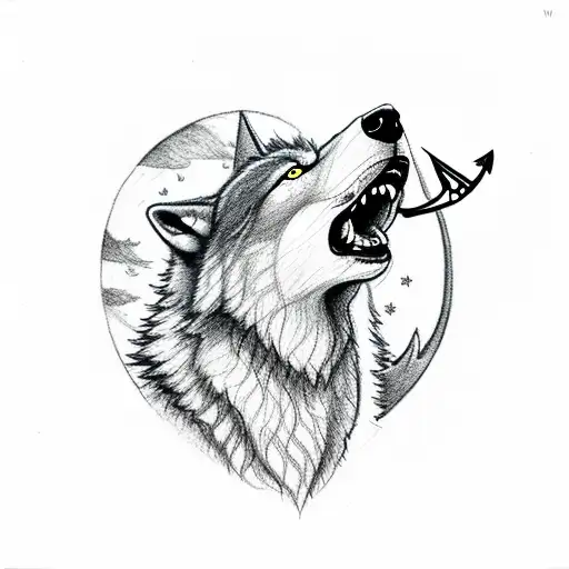 A Wolf Howling At A Full Moon With An Anchor Entwined In Its Tail